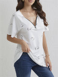 Zip V Neck Heart-Shaped Print Short Sleeve Shirt for Women