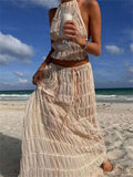 Female Pleated Halterneck Lace-Up Tank Top Maxi Skirt Set