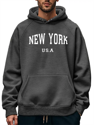 U.S.A New York City Print Men's Snap Button Decor Hoodie