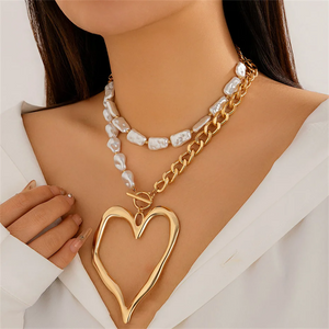 Female 2pcs/Set Imitation Pearl Exaggerated Love Heart Nekclace