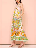 Ladies French Abstract Print Bowknot Strap A-Line Dress