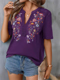 Floral Embroidered Spliced Lace Women's V-Neck T-shirt