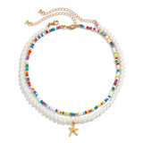 Women's Colorful Beads Faux White Pearl Starfish Pendant Necklaces