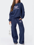 Women's Bowknot Print Thickened Crew Neck Sweatshirt Pants Set