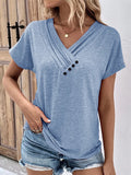 Women's V Neck Decorative Buttons Short Sleeve Fit T-shirt