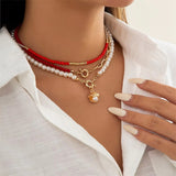 Women's 3Pcs/Set Bohemian Red Beads Imitation Pearls Pendant Necklaces