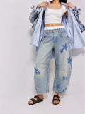 Women's Mid-Rise Heart & Five-pointed Star Pattern Jeans