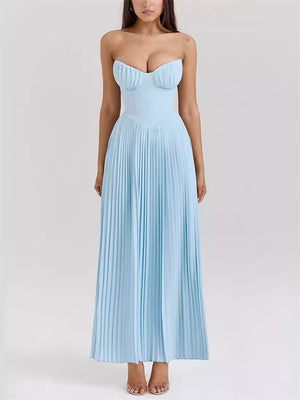 Women's Pleated Sky Blue Strapless Evening Dress