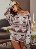 Ethnic Geometric Print Scoop Neck Batwing Sleeve Shirt for Women