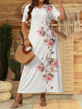 Women's Plus Size Flower Printed Short Sleeve V-Neck Dress