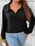 Lady V Neck Lapel Dropped Shoulder Ribbed T-shirt