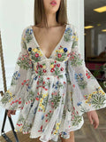 Women's Sexy V Neck Embroidery Lantern Sleeve Fairy Mesh Dress