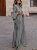 Retro V Neck Wide Sleeve Waisted Long Dress for Lady