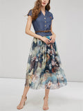 Women's Elegant Ink Flower Denim Chiffon Splicing Dress with Belt