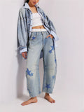 Women's Mid-Rise Heart & Five-pointed Star Pattern Jeans