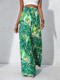 Women's Leaf Print High Waist Flowy Chiffon Wide Leg Pants