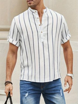 Men's Vertical Stripe Stand Collar Short Sleeve Shirt for Holiday