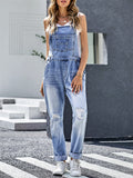 Women's Casual Ripped Light Blue Denim Overalls