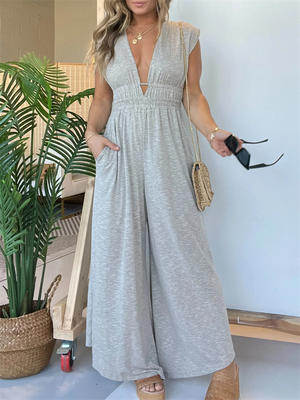 Leisure Wide-legged Deep V Jumpsuit for Women