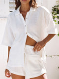 Women's Casual White Two Piece Set Lapel Shirt + Summer Shorts