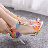 Ladies Wedding Bridesmaid Beads Buckle Belt Iridescent Pumps