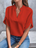 Female Simple Elegant V Neck Split Short Sleeve Shirt