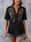 Floral Embroidered Spliced Lace Women's V-Neck T-shirt