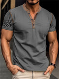 Stretchy Slim Fit Contrast Color Henley Shirt for Men