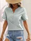 Leisure V Neck Stripe Patchwork Design Short Sleeve Shirt for Women