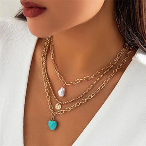 3Pcs/Set Bohemian Irregular Pearl Love Heart Pendant Necklaces for Women