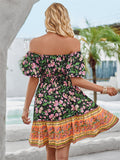 Bohemian Off Shoulder Puff Sleeve Print Beach Dress for Lady