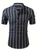 Men's Vertical Stripe Stand Collar Short Sleeve Shirt for Holiday