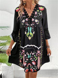 V-neck Bell Sleeve Lace Spliced Printed Dress for Women