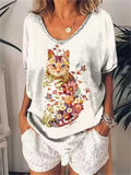 Women's Cartoon Cat Print V Neck Casual T-shirts