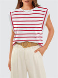 Leisure Round Neck Sleeveless Stripe Shirt for Women