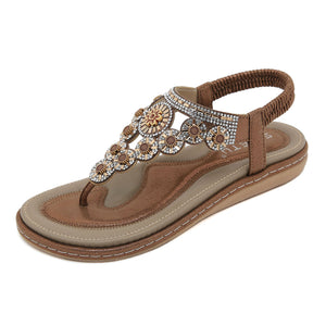 Rhinestone Flower T-Strap Beach Sandals for Women