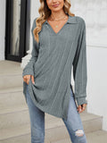 V Neck Striped Texture Side Split Fitted Shirt for Women