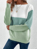 Female Color Contrast Patchwork Round Neck Pullover Sweater