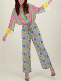 Women's Spring Summer Contrast Color Stripe Daisy Print Jumpsuits