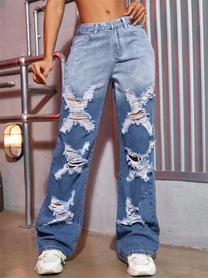 Ladies X Shaped Ripped Gradient Color Jeans