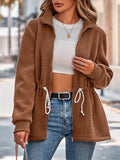 Female Stand Collar Waisted Drawstring Zipper Fuzzy Coat