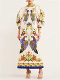 Women's Flower Peacock Round Neck Puff Sleeve Vintage Dress