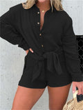 Female Long Sleeve Shirt High-Rise Shorts Wrinkled Set