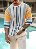 Men's Contrast Color Striped Crew Neck Half Sleeve Knitted Sweater