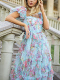 Romantic Flower Mesh Puff Sleeve Princess Dress for Women