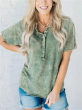 Leisure Washed Effect Buttoned Neck T-shirt for Women