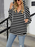 Classic Stripe V Neck Drawstring Hoodies for Women