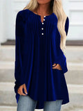 Female V-neck Button Decor Asymmetrical Hem Pleated Velvet T-shirt