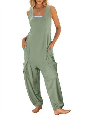 Ladies Side Drawstring Sleeveless Jumpsuit with Pockets