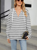 Classic Stripe V Neck Drawstring Hoodies for Women